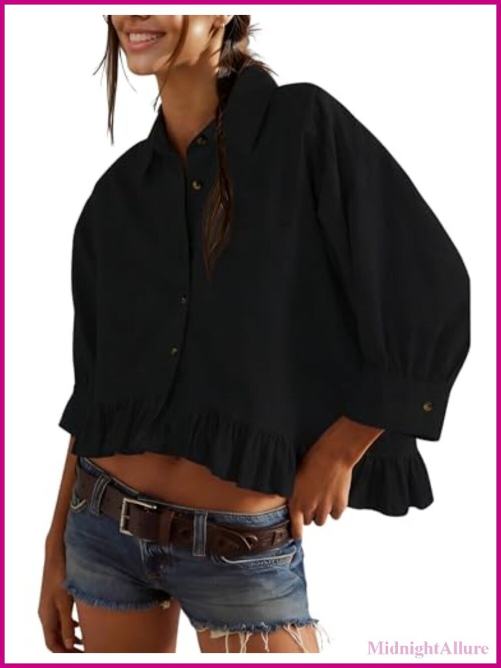 Womens Long Sleeve Striped Blouse V Neck Button Down Ruffled Hem Shirt with